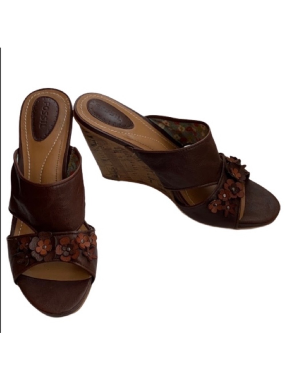 Fossil Cork Wedge Leather Flowers Slide shoes